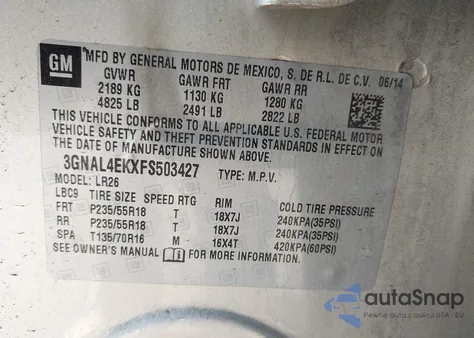 2015 Chevrolet Captiva Sport Ltz из США, поврежденный, VIN 3GNAL4EKXFS503427